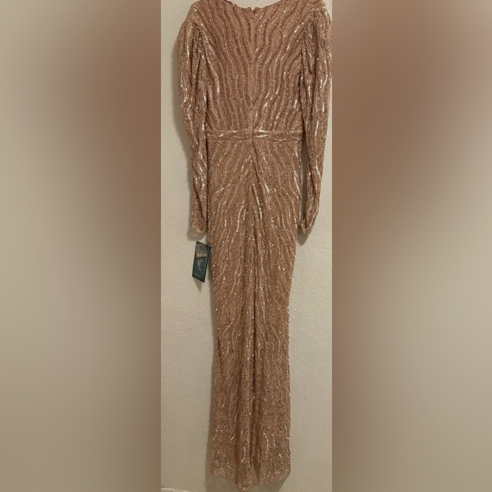 *Mac Duggal Beaded Puff Sleeve Deep Illusion V-neck Gown in Mocha Size 2C - Picture 5 of 8